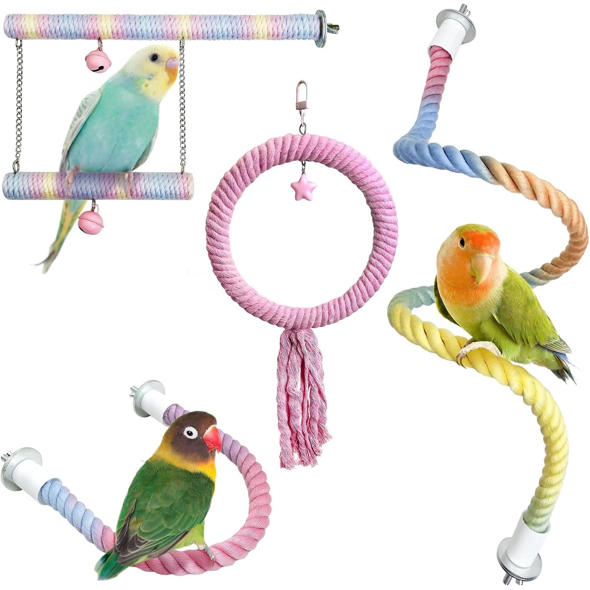 4 count Bendable Bird Rope Perches Gradient Color Parrot Perch Rope Stand for Cage Double-Layer Climbing Swing Toys Bird Cage Accessories for Budgie Parakeet Lovebird Cockatiel