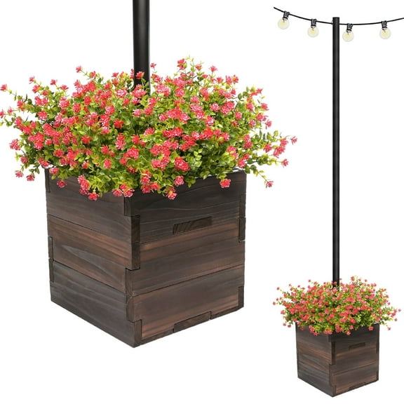Excello Global Products Large 14 in. Brown Wooden Planter Box with String Light Pole Sleeve