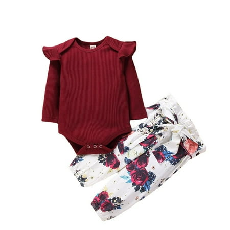 

0-12 M Newborn Baby Girl Clothes Infant Girls Outfits Ruffle Sleeve Romper Bodysuit Floral Pants Headband Toddler Baby Girl Outfits 3 Pack Wine Red 0-3 Months