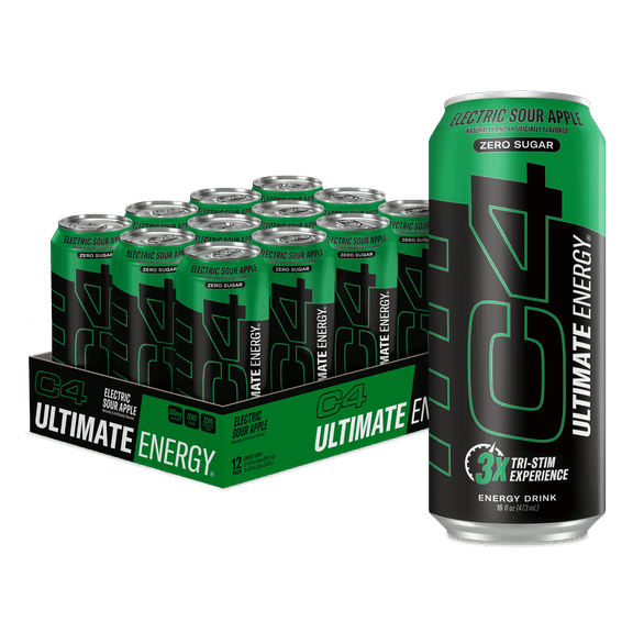 C4 Ultimate Energy Drink, Electric Sour Apple Flavor, Zero Sugar, Carbonated, 16 oz Can (12 Pack)