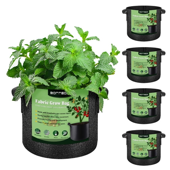 RONTEDA 5-Pack 10 Gallon Grow Bags - 10 Gal Fabric Pots Cloth Pots Heavy Duty Nonwoven Plant Bag with Handles for Vegetable Tomato