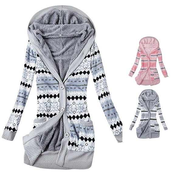SUXIAN Cardigans for Women Hooded Overcoat Warm Winter Knitted Thick Printed Button up Plus Size Mid Length Outwear Coat Jacket Long Cardigan