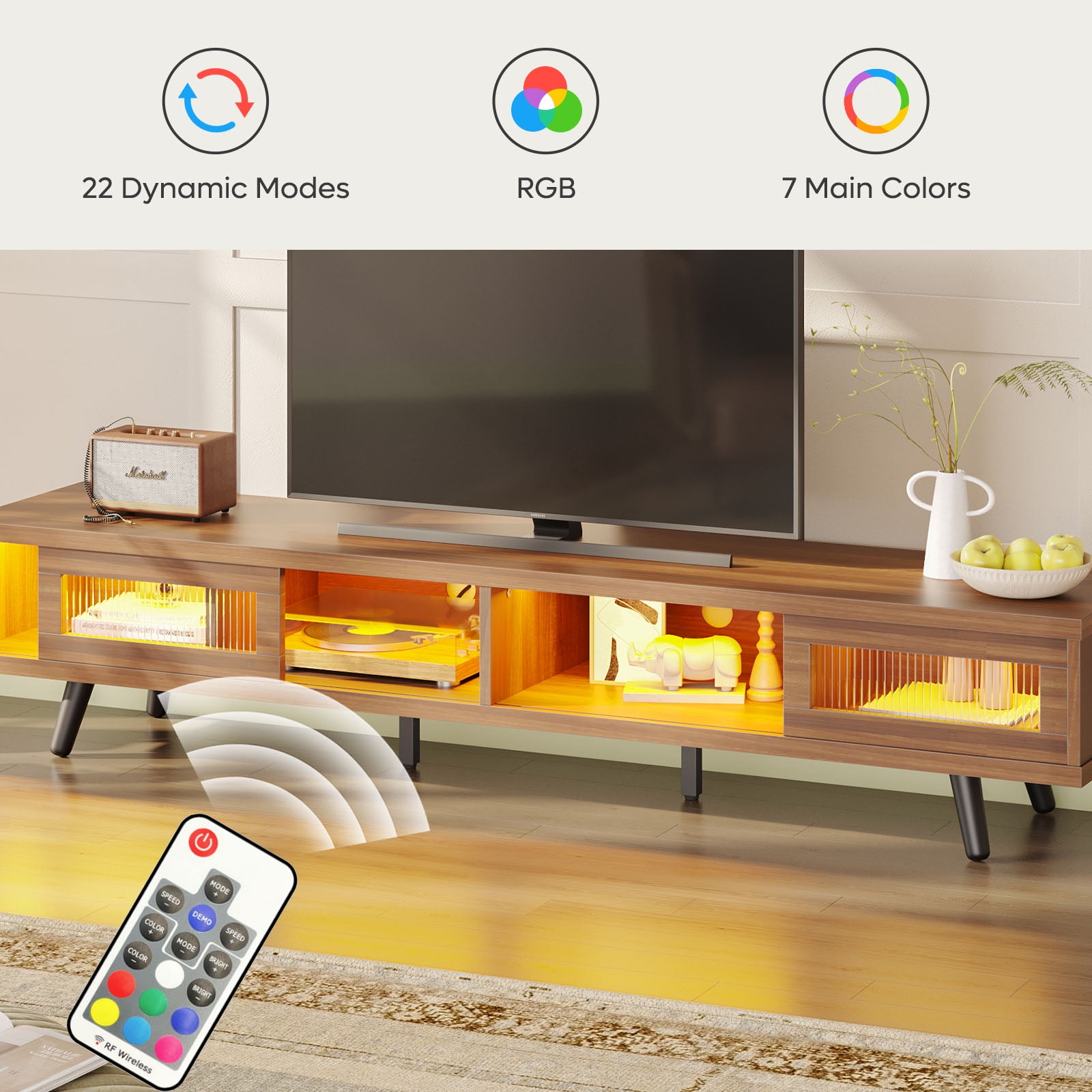 Bestier 70" LED TV Stand for TVs up to 75" TV, Mid-Century Modern Entertainment Center with Sliding Glass Door, Media TV Console Table, Ancona Walnut