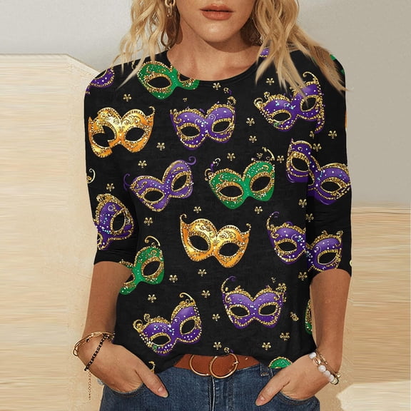 Ladies Mardi Gras Shirts Funny Graphic Crew Neck Blouses Loose Fitted 3/4 Sleeve Tee Shirt Tunic Pullover Carnival Party T-Shirt Fat Tuesday Tee Tops