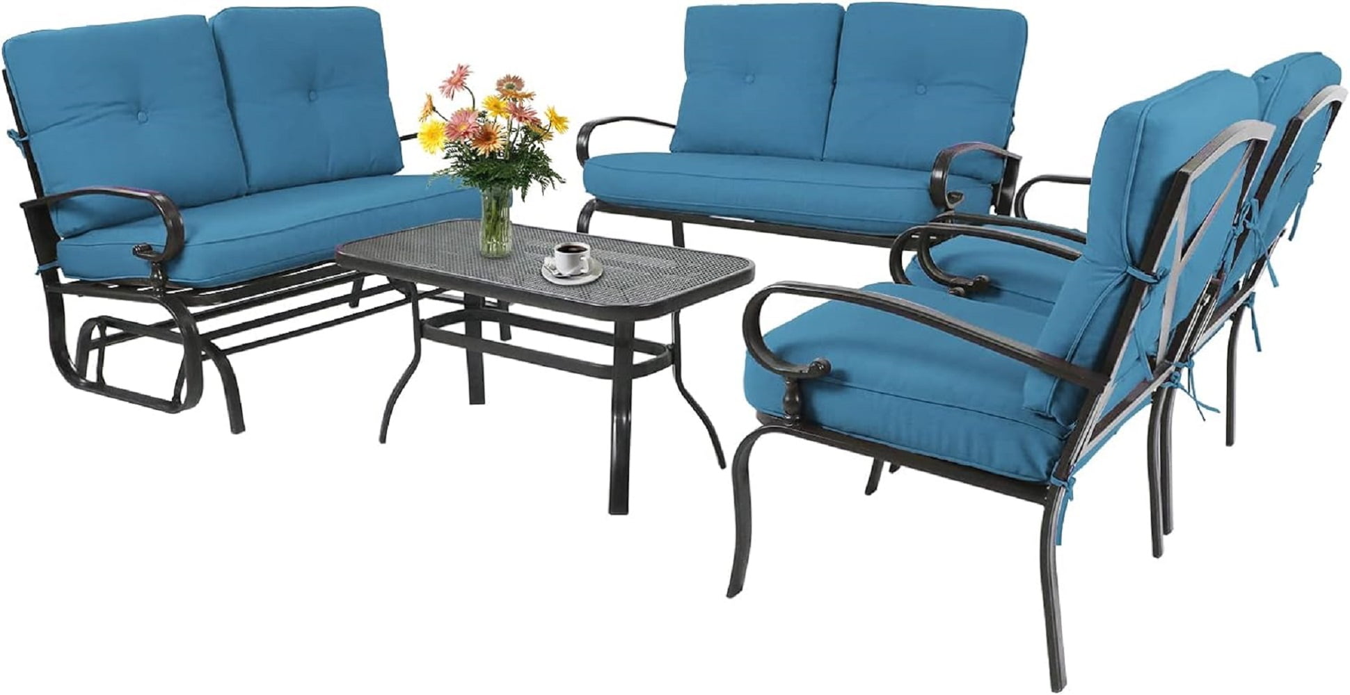 SOLAURA 5-Piece Outdoor Metal Furniture Set Patio Wrought Iron Conversation Set (Patio Swing Glider, 2 Patio Chairs, Loveseat with Coffee Table), Peacock Blue