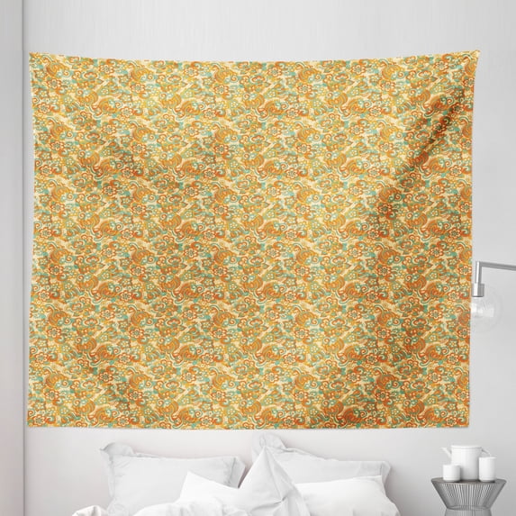 Floral Tapestry, Print of Swirled Flowers and Curly Leaves in Doodle Grunge Style, Fabric Wall Hanging Decor for Bedroom Living Room Dorm, 5 Sizes, Orange Dark Seafoam, by Ambesonne