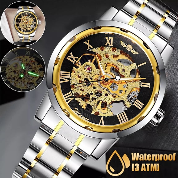 Celectigo Men's Luxury Skeleton Automatic Mechanical Watch, Gold Tone Stainless Steel Wristwatch