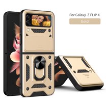 Compatible with Galaxy Z Flip 4 Case with Sliding Camera Lens Cover and Ring Kickstand Heavy Duty Military Grade Protection Phone Shockproof Back Cover for Samsung Galaxy Z Flip 4, Gold