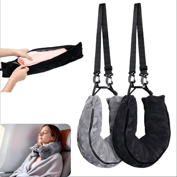 Velvet Stuffable Travel Neck Pillow Fits About 6 T-Shirts, Multifunctional Sleeping Rest Cushion with Clothes Storage, No Filler Needed for Airplane Car Road Trip (Black and Gray)