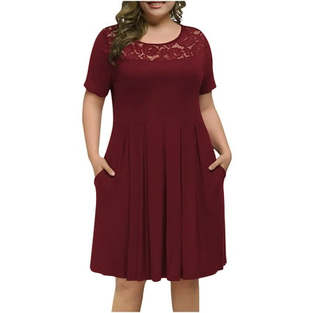 

Juebong Plus Size Women Summer Round-Neck Solid Casual Lace Short Sleeve Dress