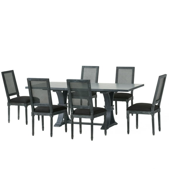Noble House Beckstrom Wood and Cane 7-Piece Expandable Dining Set, Black and Gray