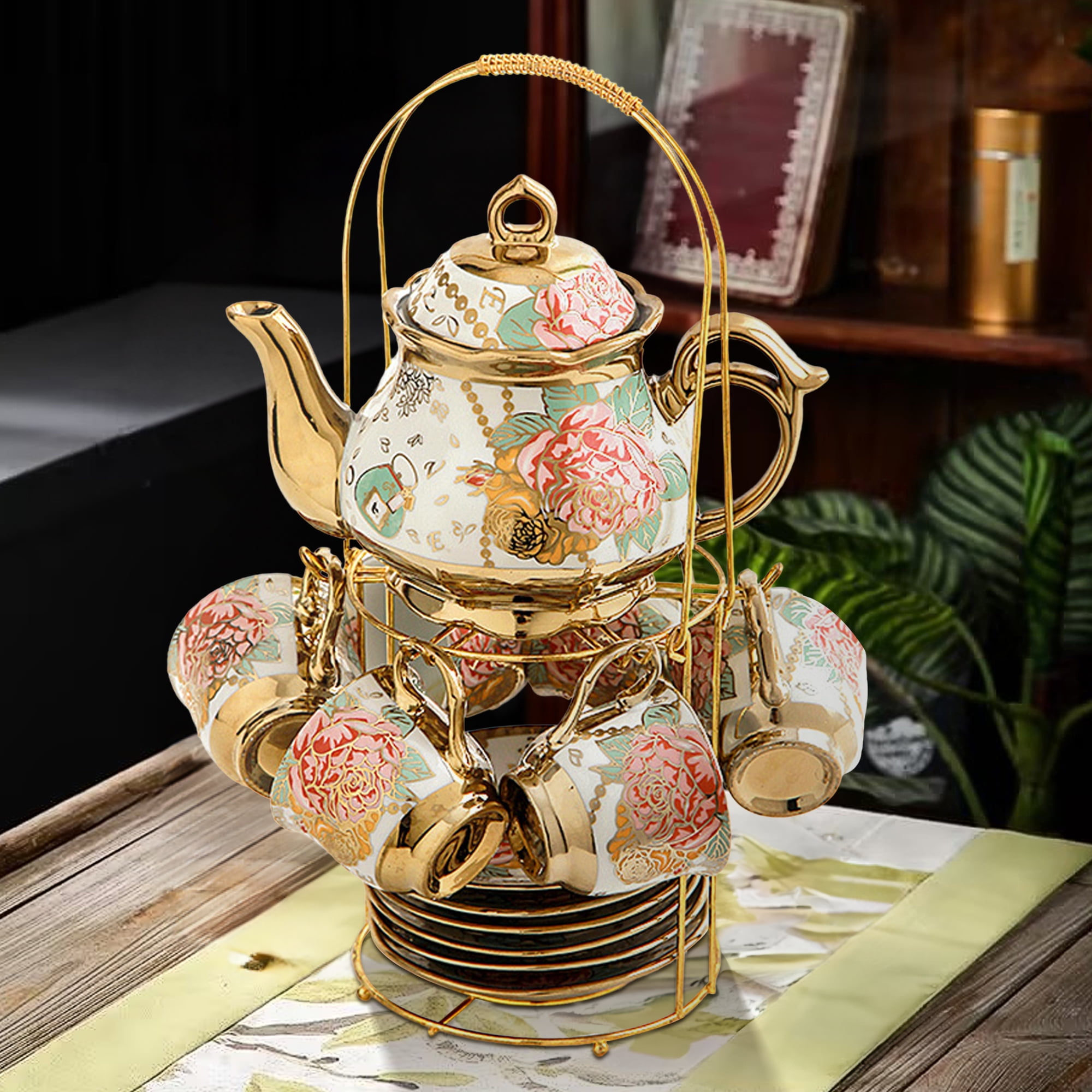 SLLINGLUO 20 Pieces Coffee Set Tea Set with Metal Stand, Vintage