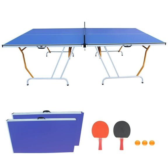 POVANLI 9FT Mid-Size Table Tennis Table Foldable & Portable Ping Pong Table Set for Indoor Games with Net, 2 Table Tennis Paddles and 3 Balls 107.87''(L) x 35.43''(W) x 29.98''(H)