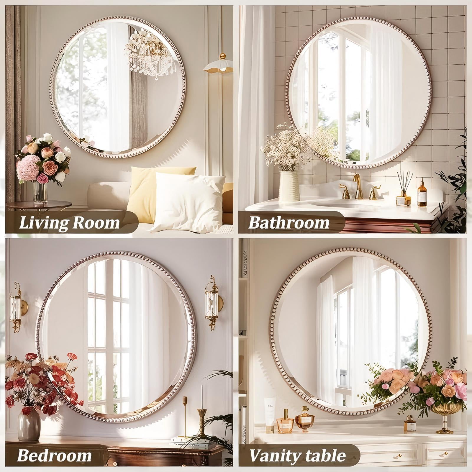 Mirrasia 24" Round Wall Mirror Decoration Hanging Mirror With Beaded Frame,Silver