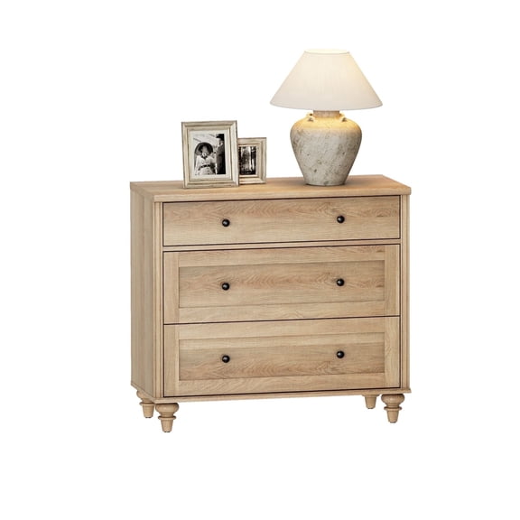 Farmhouse Nightstand with 3 Drawers, Large Wood Bedside Table Night Stand, Wide Sofa Side End Table 3 Drawers Chest of Dresser for Living Room, Bedroom, Oak, 34 inch