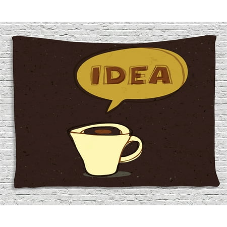 Coffee Tapestry, Cup of Idea Concept Brew of Creativity and Imagination Sketch Art, Wall Hanging for Bedroom Living Room Dorm Decor, 80W X 60L Inches, Dark Brown Mustard Cream, by