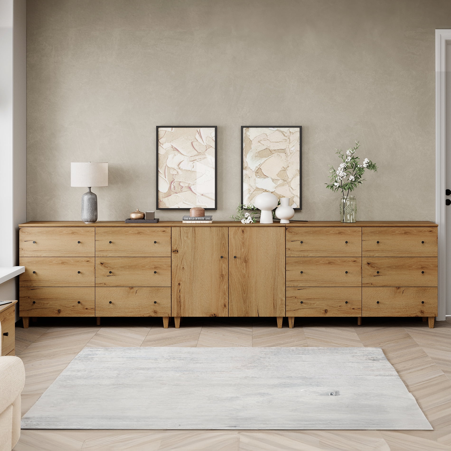 WAMPAT Wood Dresser with 12 Drawers and 1 Cabinet for Bedroom, Modern Chest of Drawer, 130" Wide, Oak Brown Wood Finish