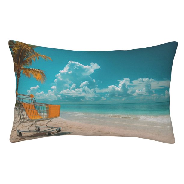 Fotbe Shopping Cart On Tropical Beach Funda de Almohada Decorativa Estilo Occidental, Lujo en Algodón, Fundas para Almohadas King, Cojín Estampado para Decoración del Hogar-14"x20"