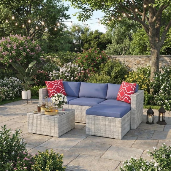 5-Piece L-Shaped PE Rattan Sectional Patio Sofa Set, Steel Frame Conversation Furniture with Cushions & Tempered Glass Table, UV Resistant for Backyard & Poolside, Gray Wicker/Blue Cushion