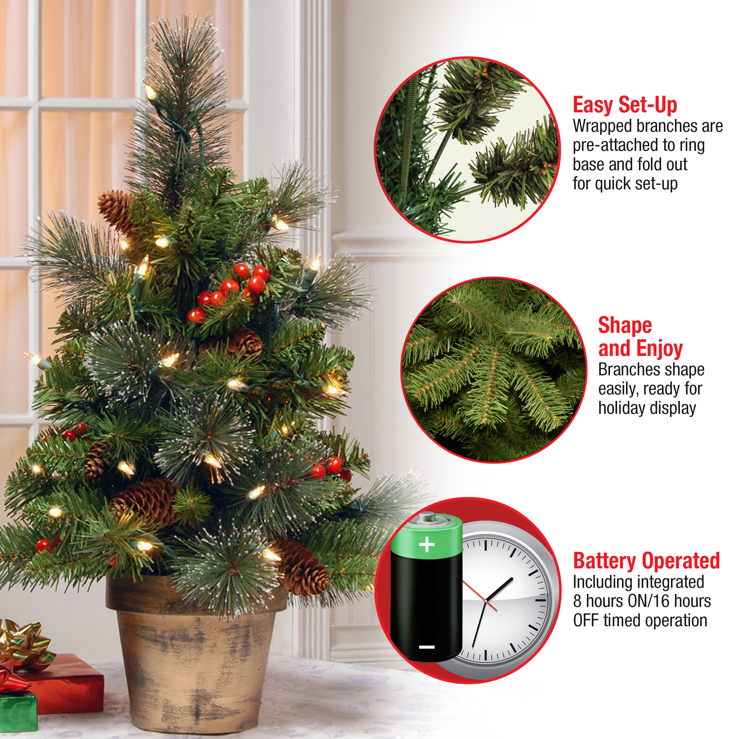 National Tree Company Pre-Lit Artificial Mini Christmas Tree, Green, Crestwood Spruce, White Lights, Decorated with Pine Cones, Berry Clusters, Frosted Branches, Includes Pot Base, 2 Feet - image 5 of 5