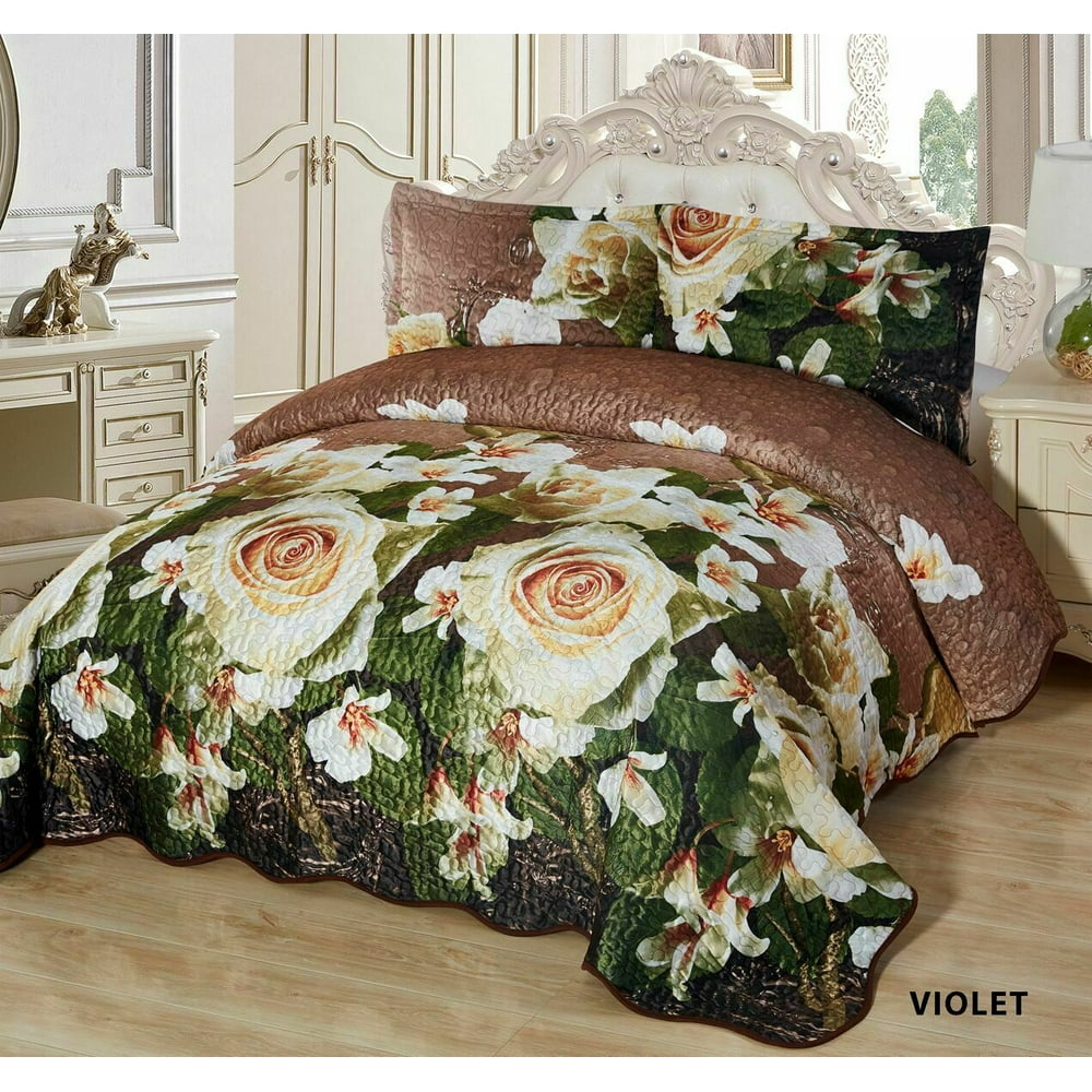 3Pcs California King Quilted Reversible VELVET Bedspread Coverlet Set VIOLET