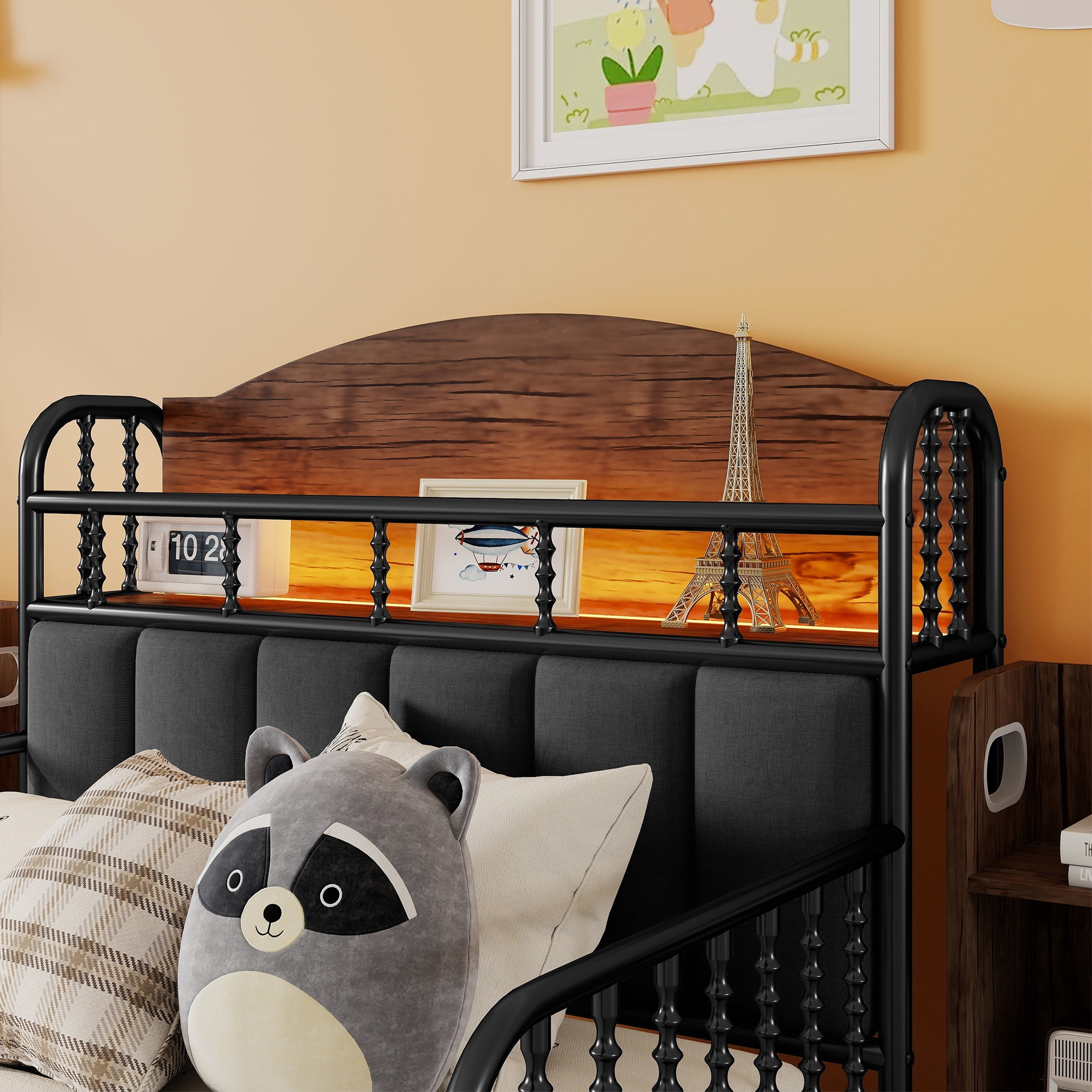 Euroco Metal Twin Size Platform Bed with Upholstered Headboard, Pull out Storage Shelves and LED Light, Black