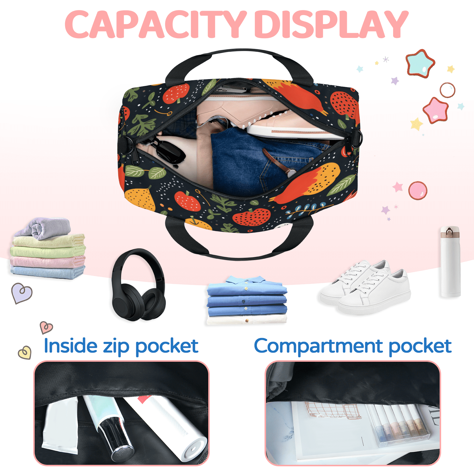 Herdesigns Colorful Birds Gym Bag for Women, Duffle Bag for Travel Sport, Fruit and Bird Lightweight Waterproof Carry on Weekender Dance Yoga Workout Bags