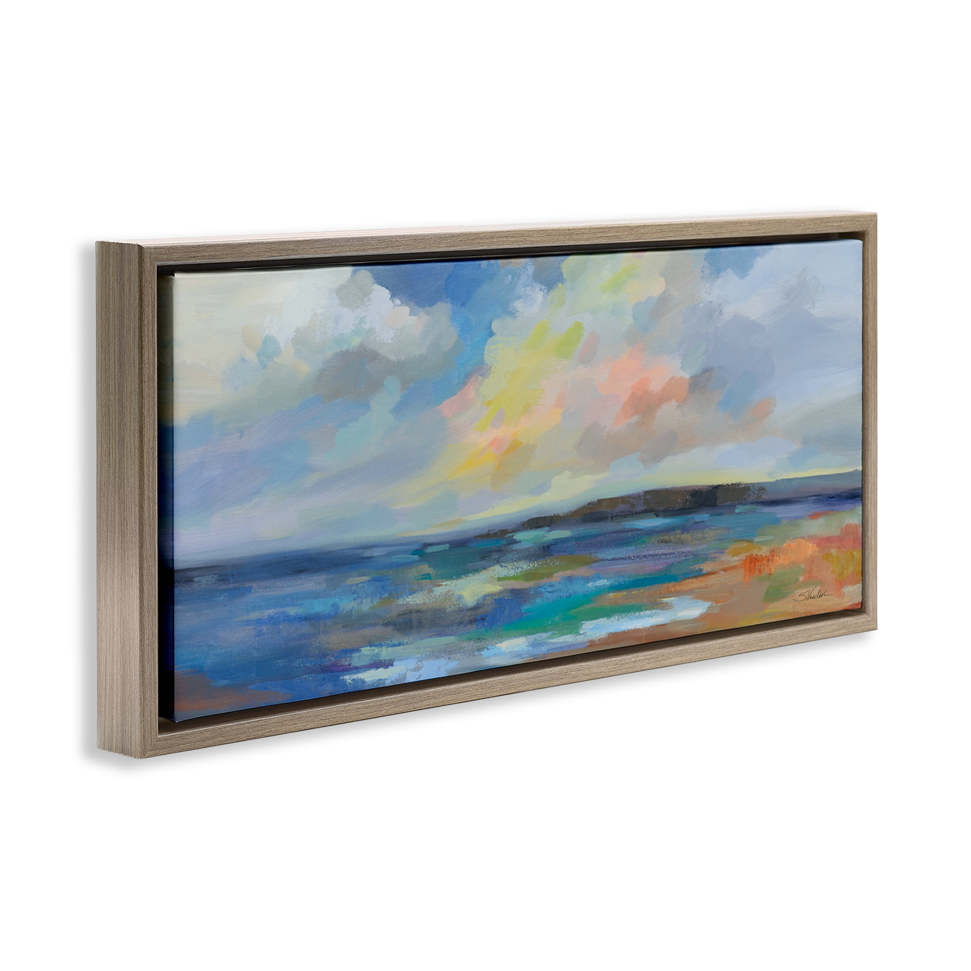 Stupell Industries Ocean Beach Sunset Landscape & Nature Painting Brown Floater Framed Canvas Art Print Wall Art, 31 x 14