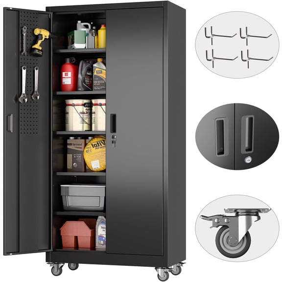 HUAXRON 71 inches Tall Metal Rolling Garage Storage Cabinets with Locking Doors and 5 Adjustable Shelves, Metal Storage Cabinet for Garage, Office, Home, Classroom, Assemble Required(Black)