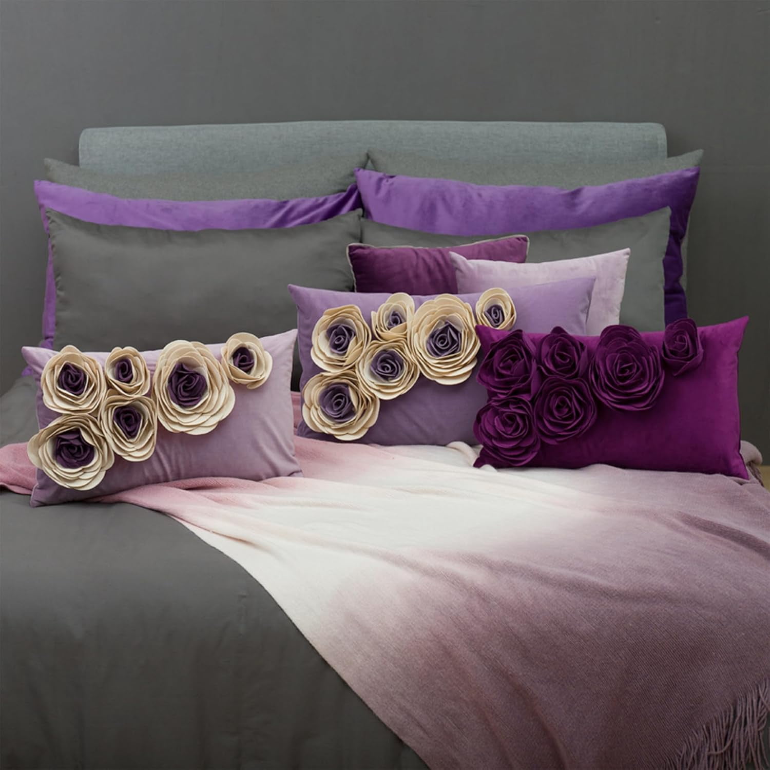 JWH  3D Velvet Rose Floral Design Throw Pillow Cases Handmade for Bed Sofa Chair Decoration 12x20inch Berry