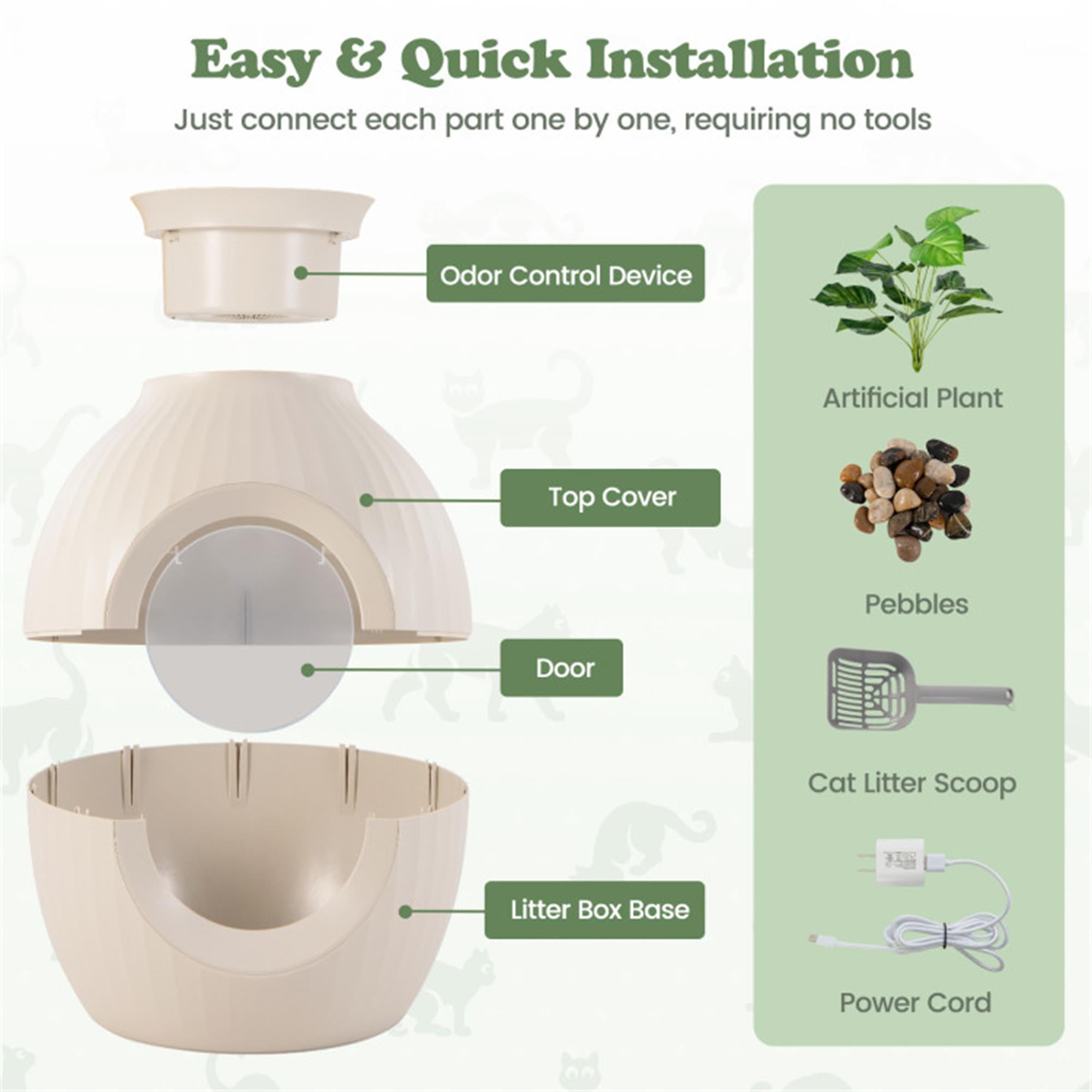 Kadyn 70L Smart Plant Cat Litter Box Enclosure Furniture with Electronic Odor Removal System, Hidden Cat House Washroom with Easy-Push Door, Scoop, Beige