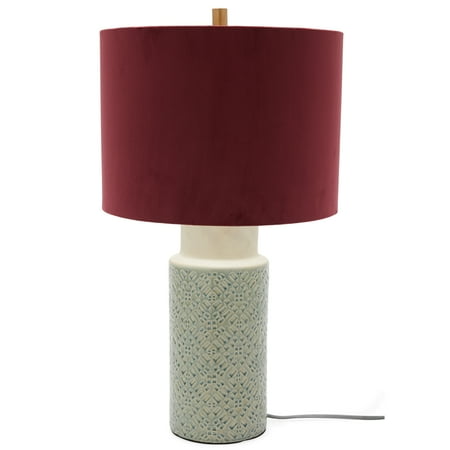 Trumpet Flower Table Lamp - Ceramic Blue Table Lamp with Venetian Wine Velvet Shade by Drew Barrymore Flower Home