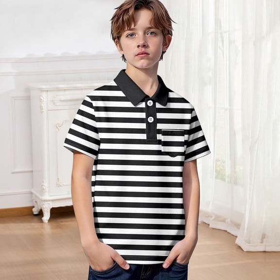YMNXA Kids Boys Polo Shirt With Pocket Short Sleeve Lapel Striped Print Soft Comfortable Breathable Tee Top For Casual Daily Wear,Black,3-4 Years