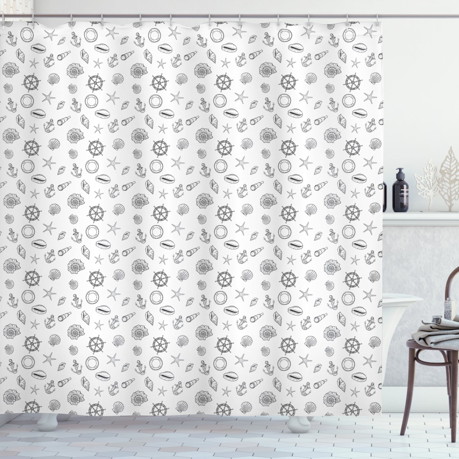 Whale Nautical Shells Design Fabric Bathroom Shower Curtain with/Hooks 71"X71" 