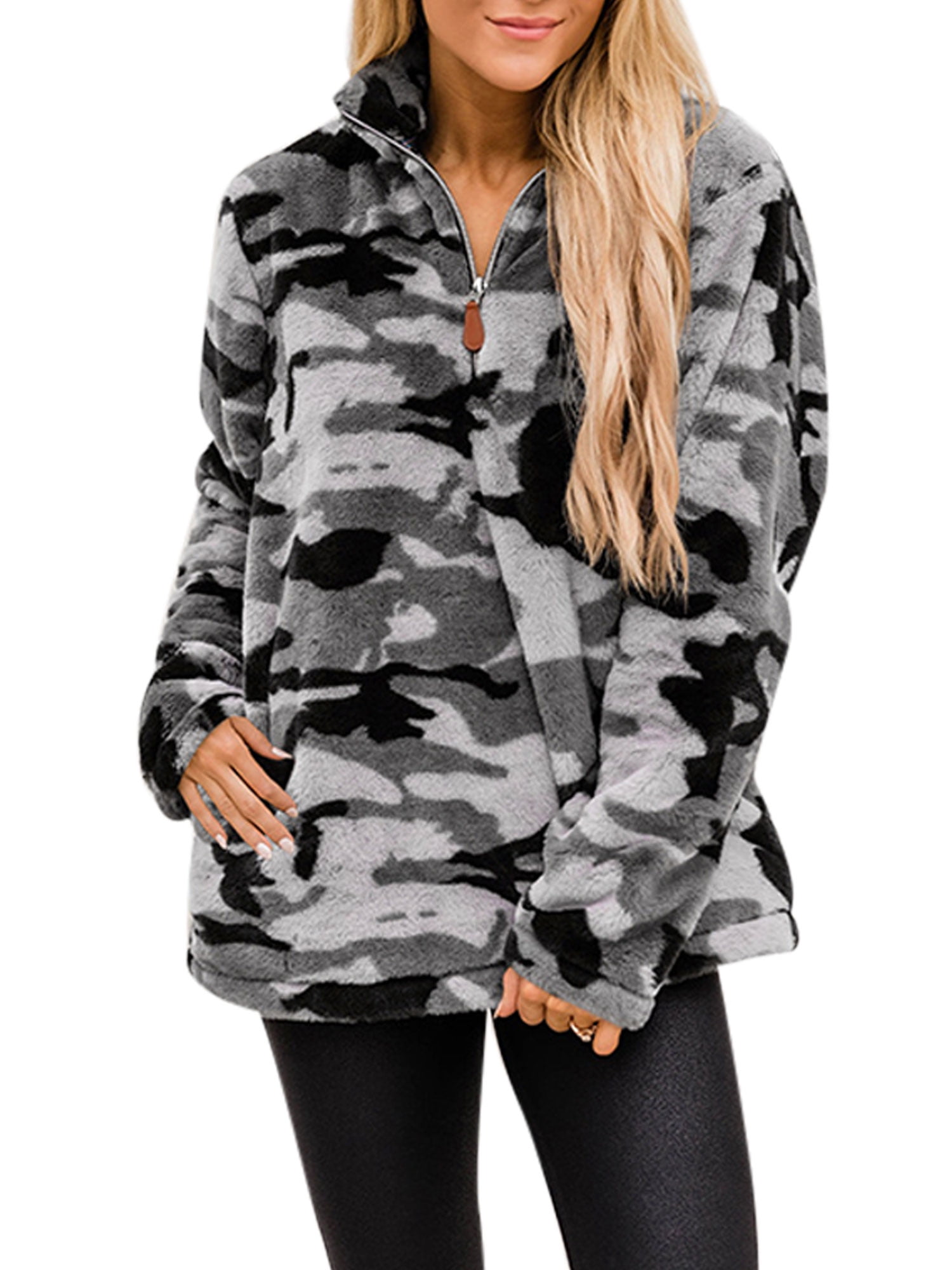 Women Zip Up Sweater Plaid Sweatshirt 