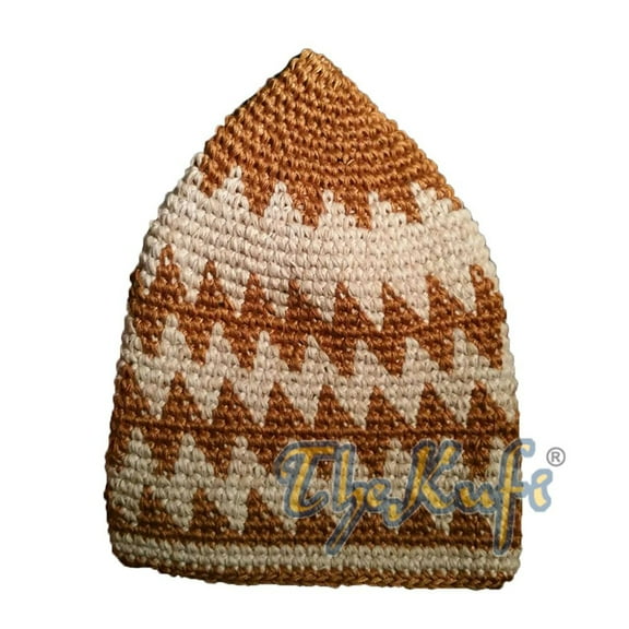 Hand-Crocheted Cotton Sturdy Rust Brown & Faded Light Khaki Zigzag Kufi Hat ()