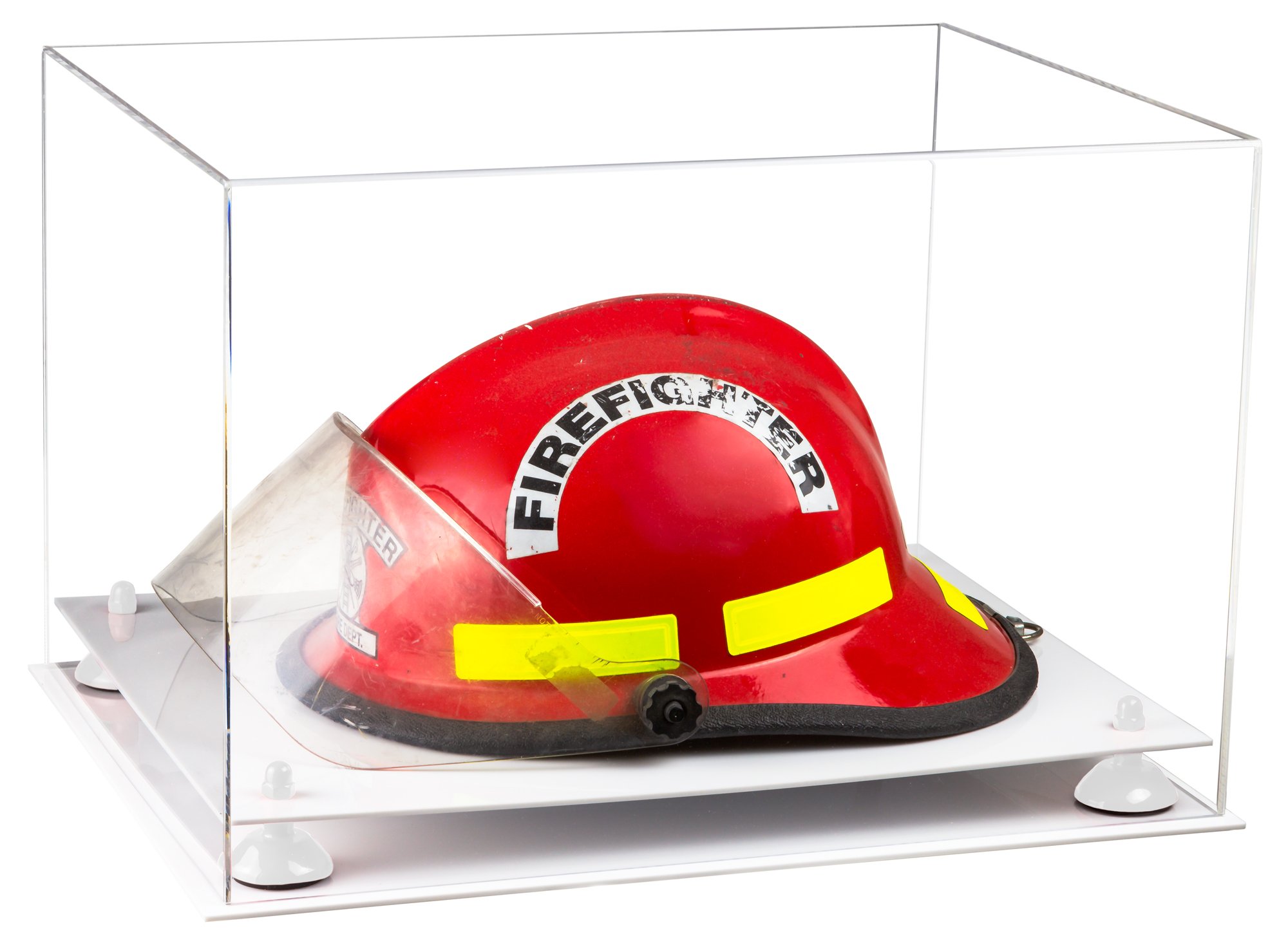 Clear Acrylic Fireman's Helmet Large Display Case with White Risers and