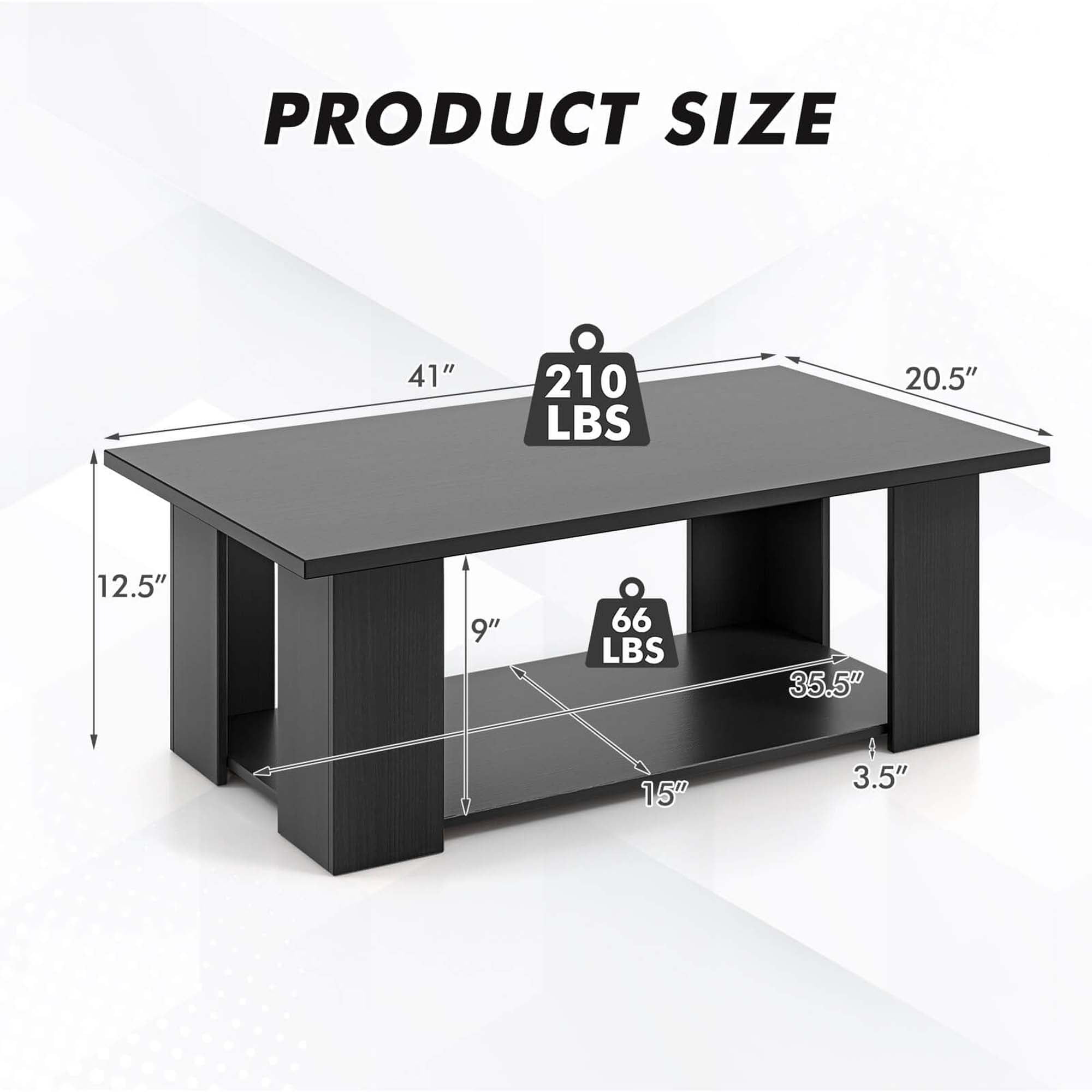 Costway Coffee Table 2-Tier Modern Center Cocktail Table with Storage Shelf for Living Room Black