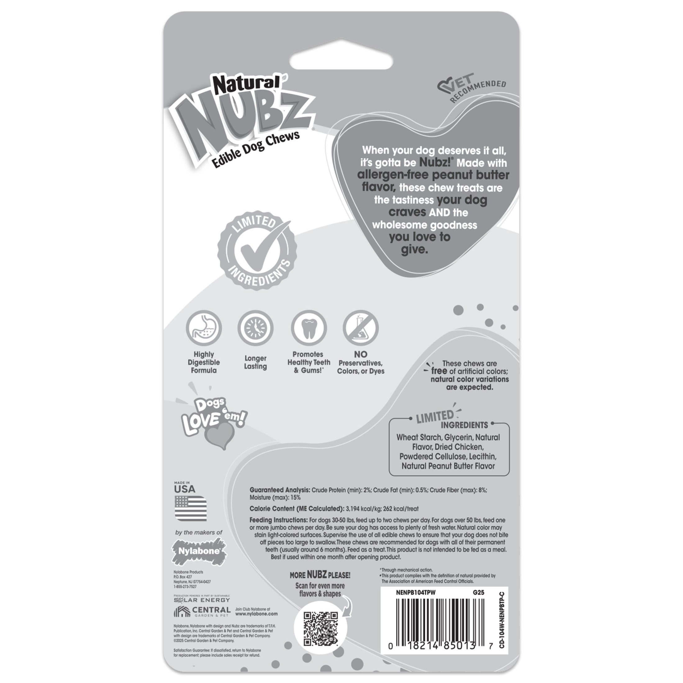 Nylabone Nubz Natural Dog Treats for Large Dogs, Peanut Butter Flavor Dog Bones, Jumbo - Up to 50 lbs., 5.7 oz Pack, 2 Count