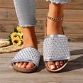 thumbnail image 2 of Slides for Women Cork Footbed Sandals Open Toe Rhinestone Mesh Band Comfortable Arch Support Slip on Summer Casual Slippers Silver Size 5.5, 2 of 5