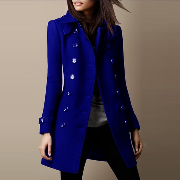 ICHUANYI Clearance Women Fashion Long Sleeve V-neck Woolen Overcoat Solid Color Button Overcoat(Blue, S) ICHUANYI WER2023081513876