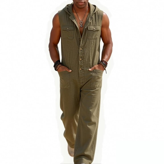 Sleeveless Hooded Linen Blend Jumpsuit for men, Vacation Beach Loose One Piece Outfit