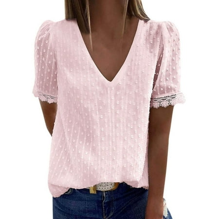 Women s V-Neck Tops Swiss Dot Lace Short Sleeve T Shirts Babydoll Loose Fit Casual Blouse