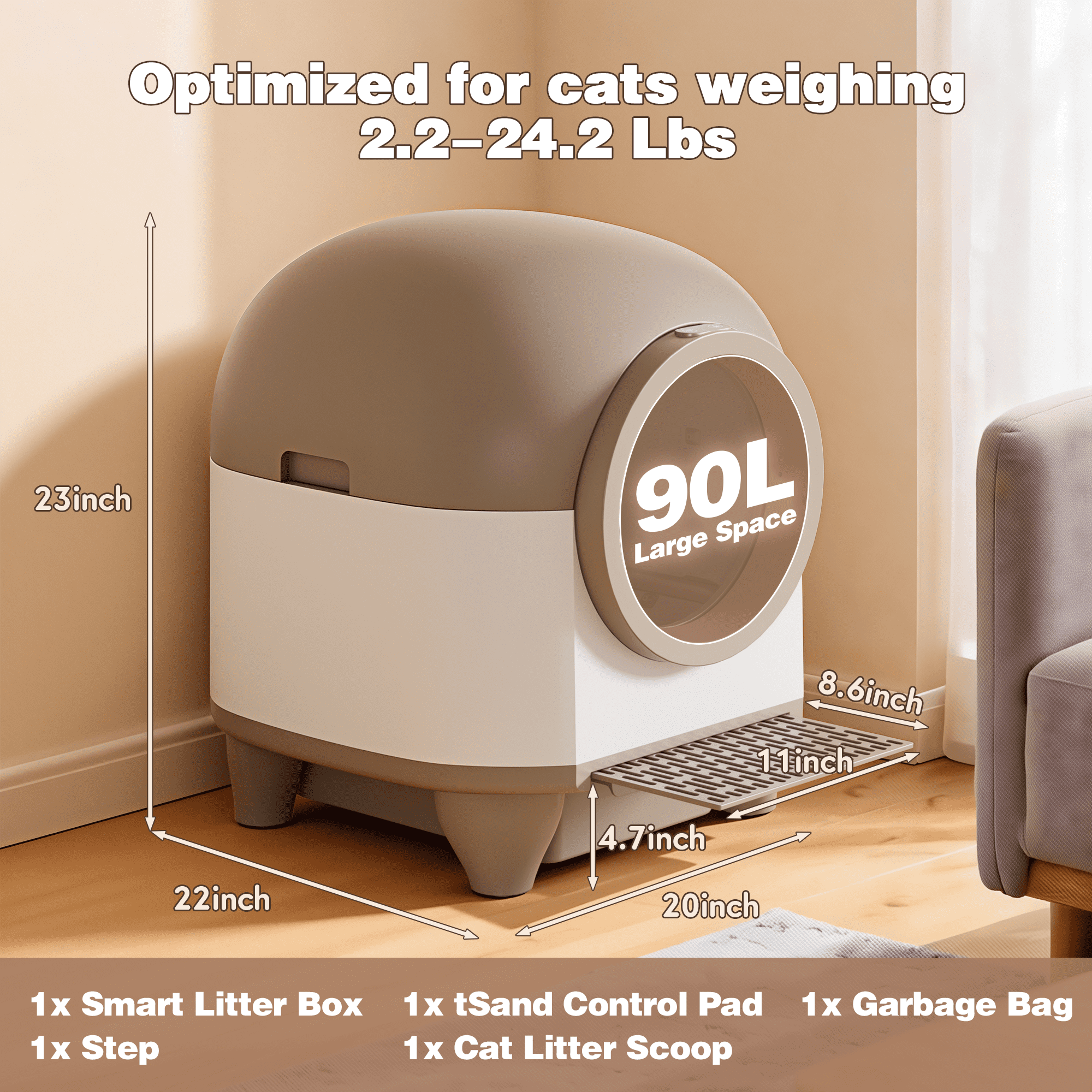 Furmax Self-Cleaning Cat Litter Box with Mat – Automatic Litter Box for Multiple Cats, Featuring Safety Protection and App Control, Includes a Complimentary Garbage Bag, Brown