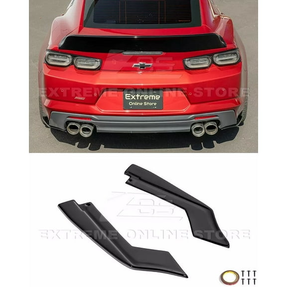 Replacement For 2016-2024 Chevrolet Camaro Models | Performance Track Style ABS Plastic - Painted Glossy Black Rear Bumper Apron Lip Splitter Pair RLIP-842-V2-ABS