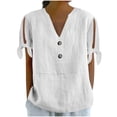 thumbnail image 2 of UQJfacai Womens Cotton Linen Tops Casual V-Neck Belted Short Sleeve Shirts Summer Button Henley Blouses Beach Vacation Clothes S-2XL, 2 of 6