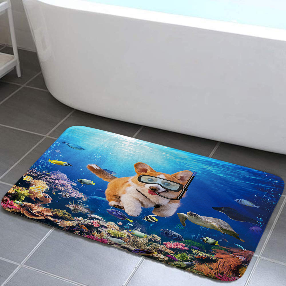 Ocean Theme Blue Bath Rugs, Funny Dog Diving Sea Turtle Non Slip