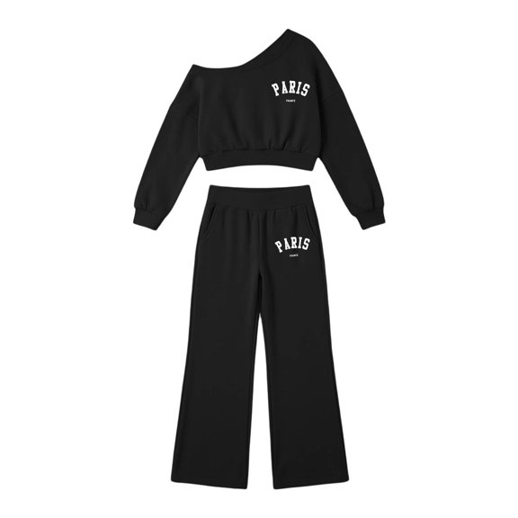 Kiijoy Girls' Outfits Off Shoulder Cropped Sweatshirt Wide Leg Sweatpants Set, Sizes 5-14