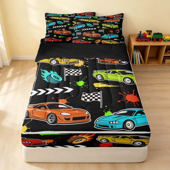 Erosebridal Race Car Zipper Twin Comforter Sets with Fitted Sheet and 2 Pillowcases, Colorful Zipper Bedding Set, Multi Color, Black Reversible