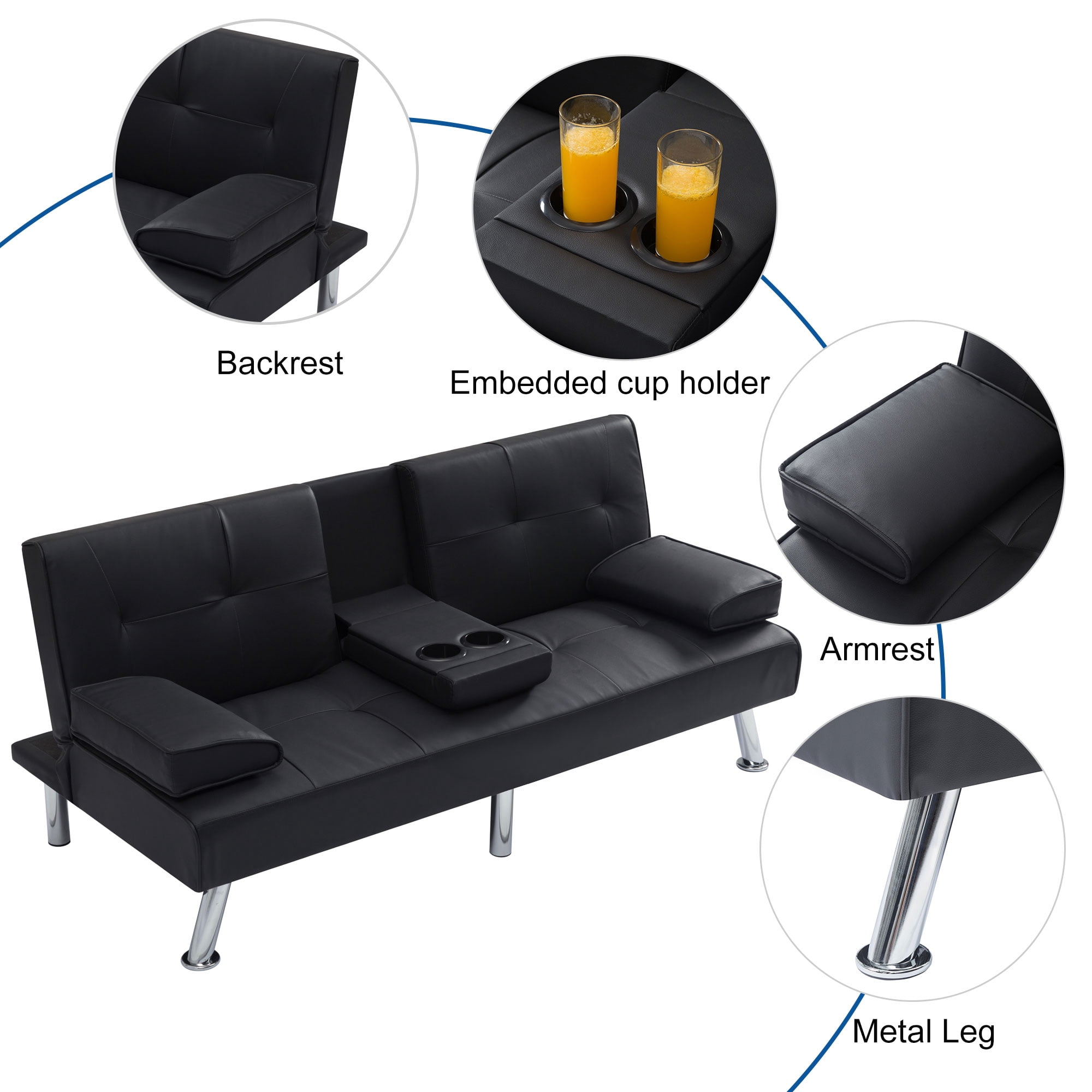 Clipeyh Faux Leather Futon with Cupholders and Pillows Modern Convertible Sofa Bed Couch